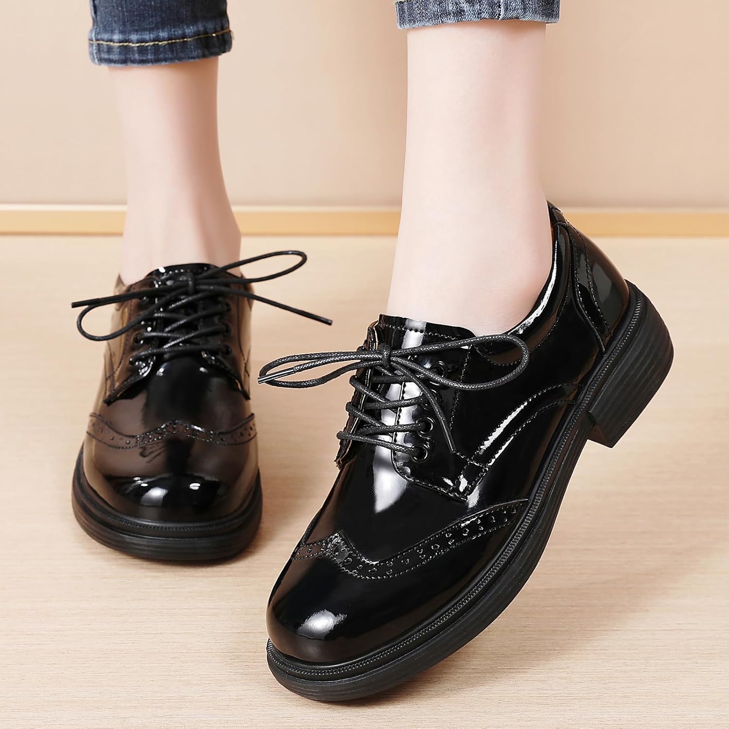 OKJ Oxford Shoes for Women Black Womens Oxfords Shoes Dressy Women's Casual Slip On Lace Up Loafers Vintage Shoes Business Dress Uniform Office Comfortable Non Slip Work Shoe - Image 3