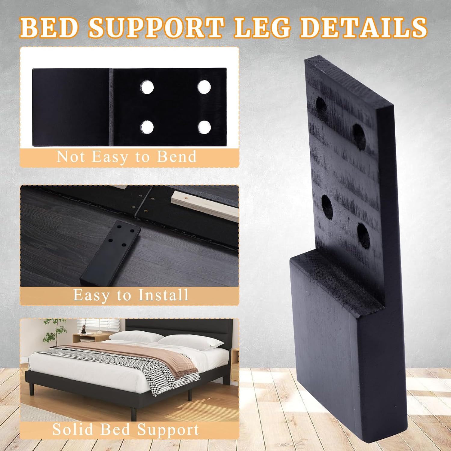 2 Pcs Bed Frame Legs Replacement Parts Bed Feet Furniture Support Leg Reinforcement Kit for Wooden Beds Table Cabinet Sofa Bolt-On Direct Replacement Straight Leg Replace Part Not Plastic Black 4inch