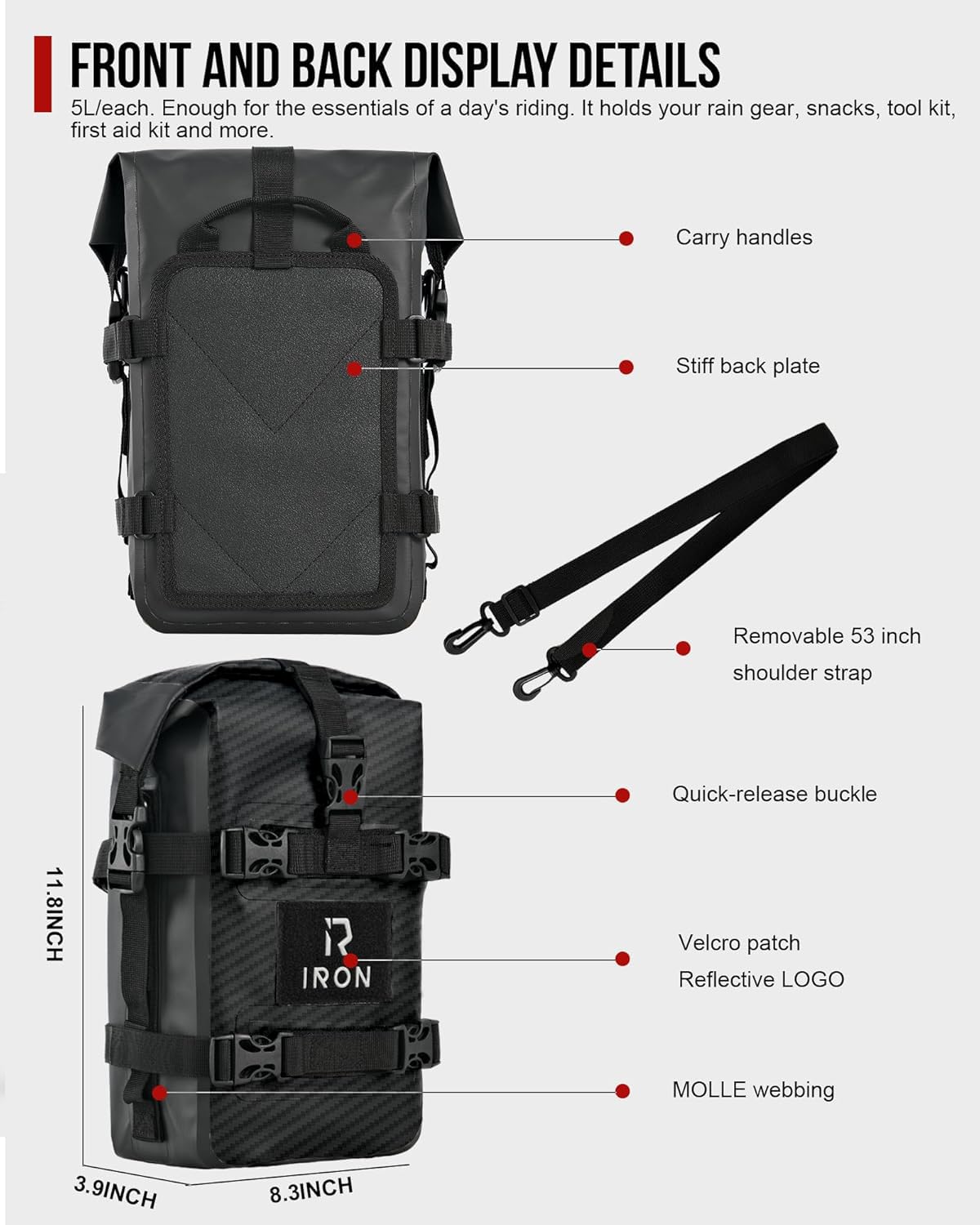 RIDEIRON Alforjas para Crash Bar Moto – 2×5L Impermeables, Bolsas Laterales Universales, Montaje Rápido, PVC 500D, para Aventureros y Viajeros Urbanos (Fibra de Carbono)