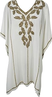 Mogul Interior Women's Caftan Dress Tunic Top White Geettorge Sequin Beach Wedding Dresses One Size