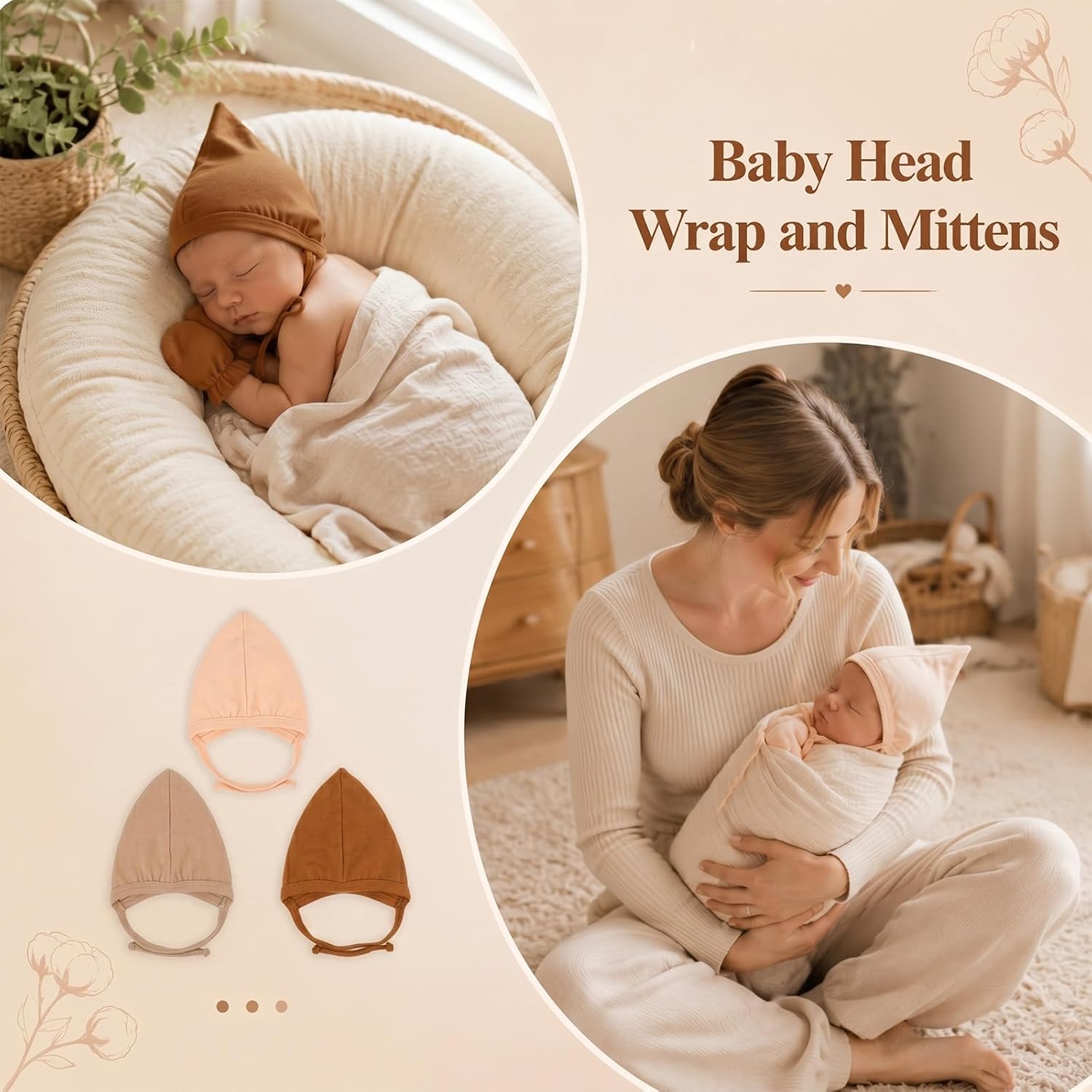 Newborn Baby Hat & Mitten Set Pointed Cotton Preemie Bonnet 0-3M 6 Pcs