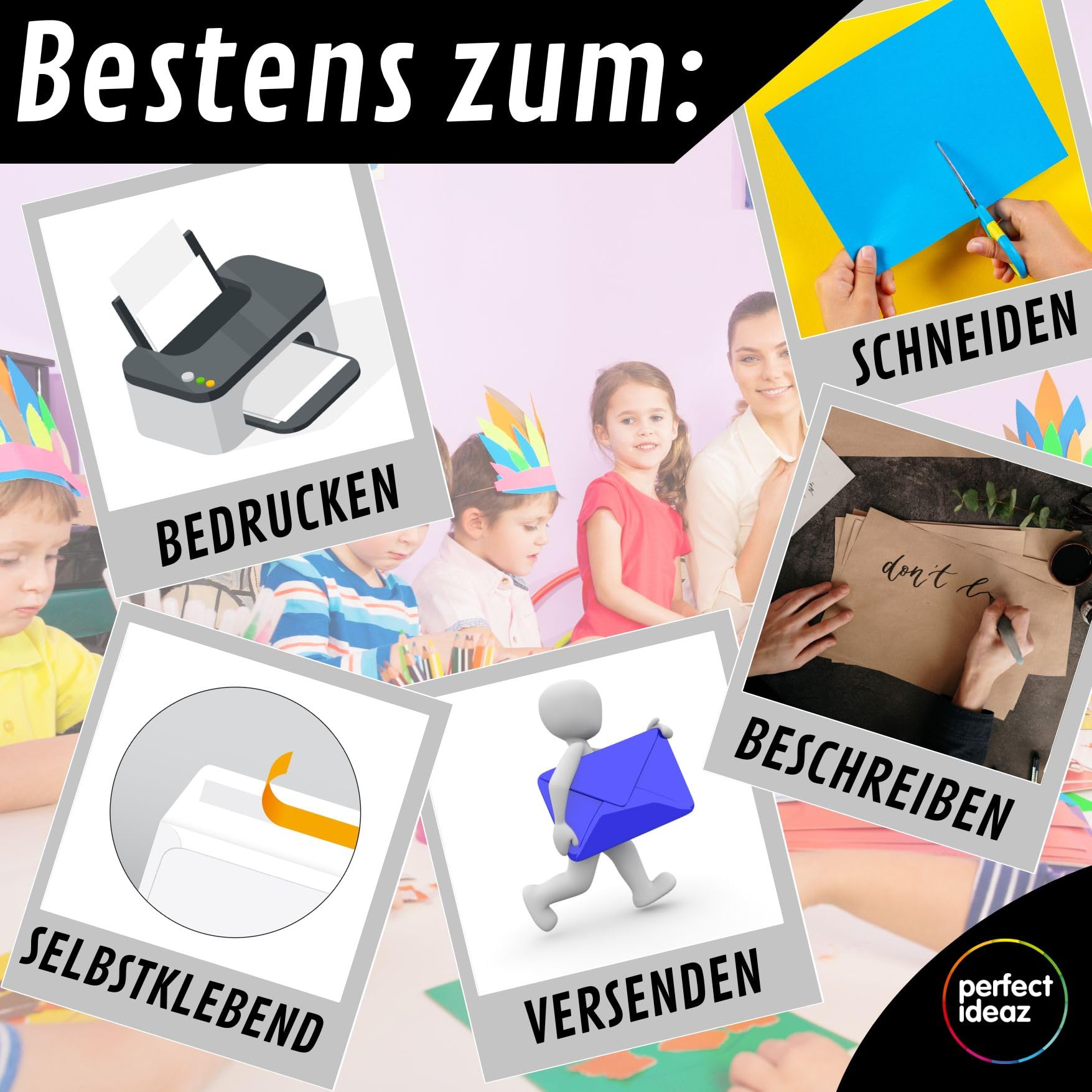perfect ideaz - 50 kopert pastelowych DIN-C6 bez okienka, do DIN A6 z papieru z recyklingu, 5 kolorów, Made in Germany