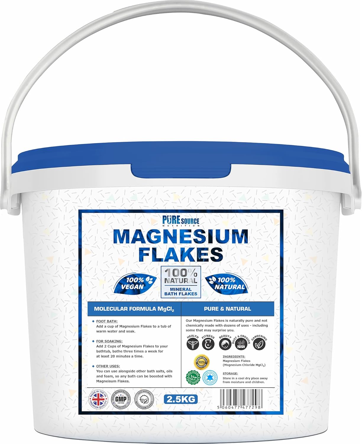 Organic Magnesium Flakes, 2.5kg Bucket, Pure Natural Magnesium Chloride