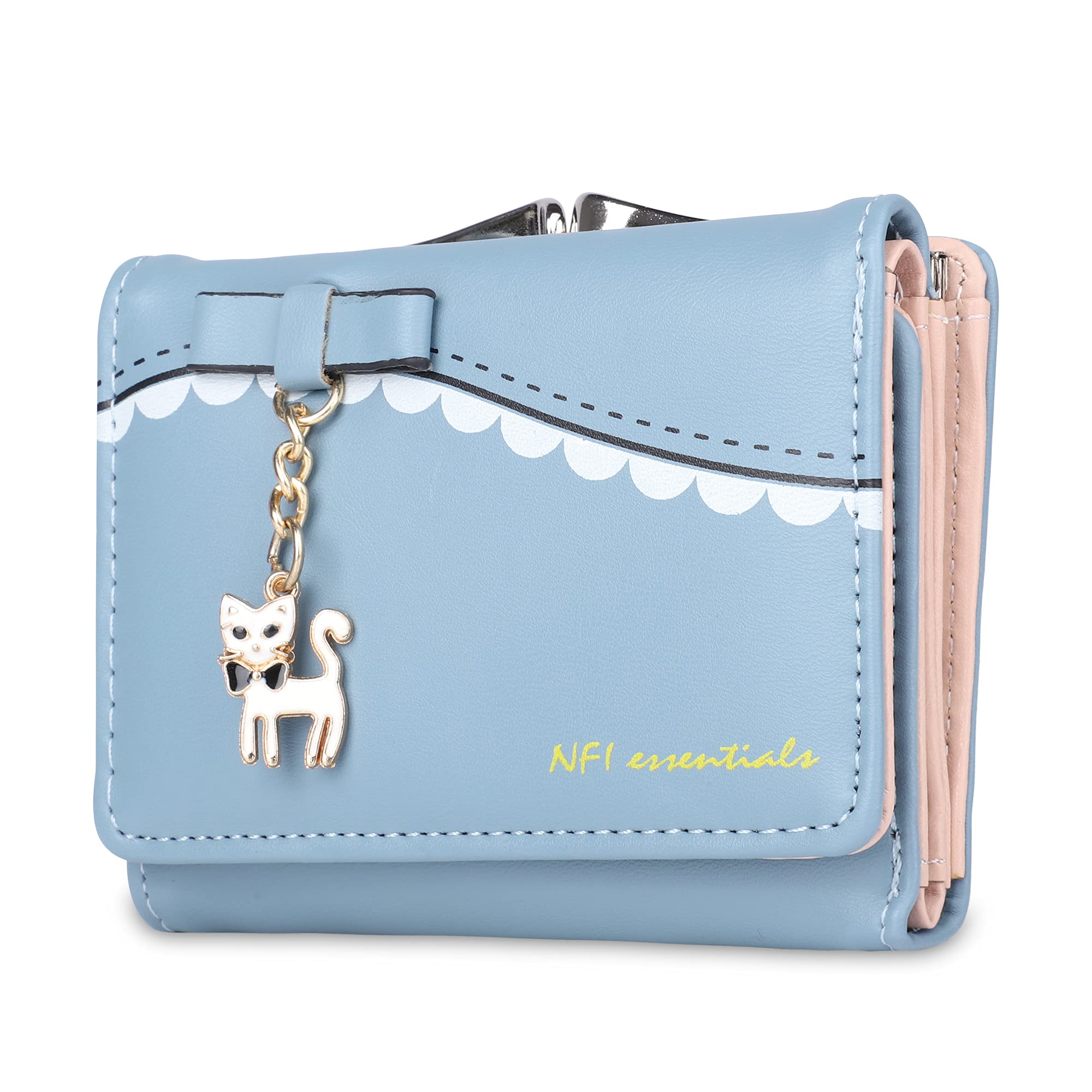 NFI essentials Multi Fold Women's Wallet, Holding Credit Card Cash & Coins Small Purse Clutch with Cat Shaped Metal Keychain Mini Wallet