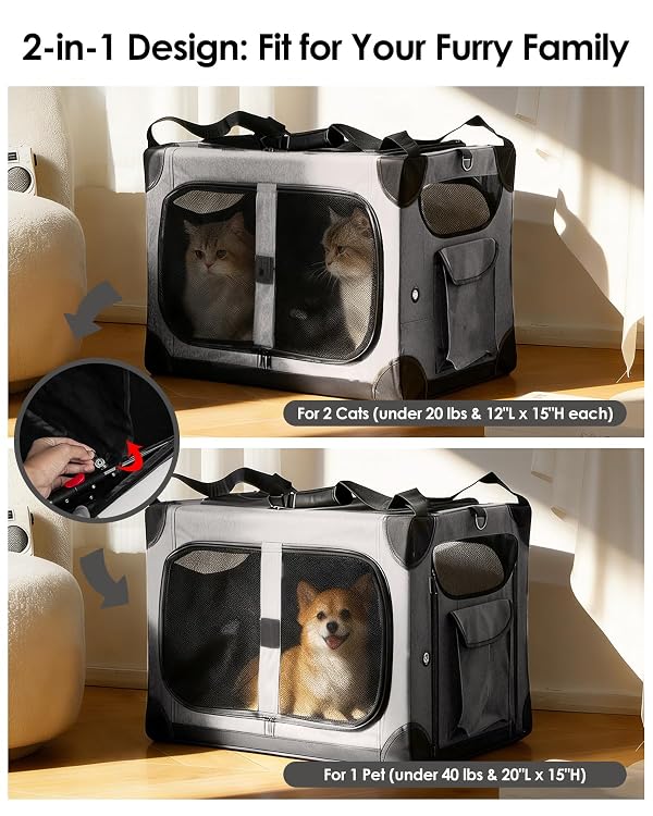 Extra Large Cat Carrier for 2 Cats, XL with Removable Divider, Foldable Soft-Sided Pet Carrier with Storage Tote, Portable Travel Crate for Large Cats, for Car & Home Use, 24" x 17" x 17" by FuzzyNest - Image 3