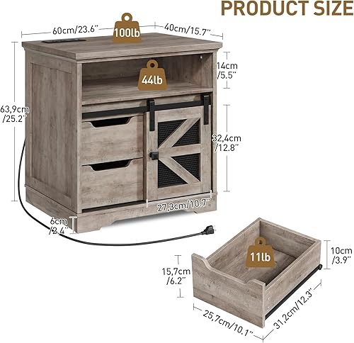 Miniatura 2 de Mesa auxiliar de granja con estación de carga, mesa auxiliar de sofá con 2 cajones y puerta de granero, mesita de noche de madera rústica para