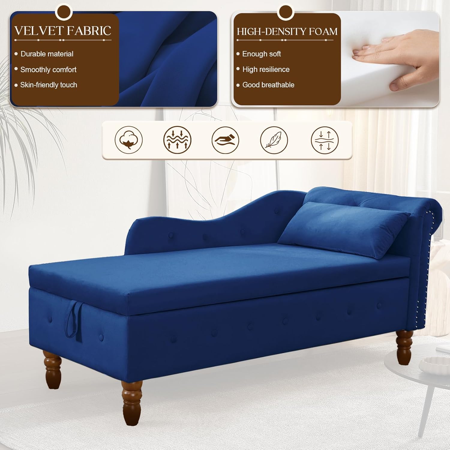 58 inch Velvet Chaise Lounge with Storage, Upholstered Lounge Chair with Lumbar Pillow and Rolled Armrest, Button Tufted Indoor Chair with Nailhead Trim, for Living Room Bedroom Office (Blue)