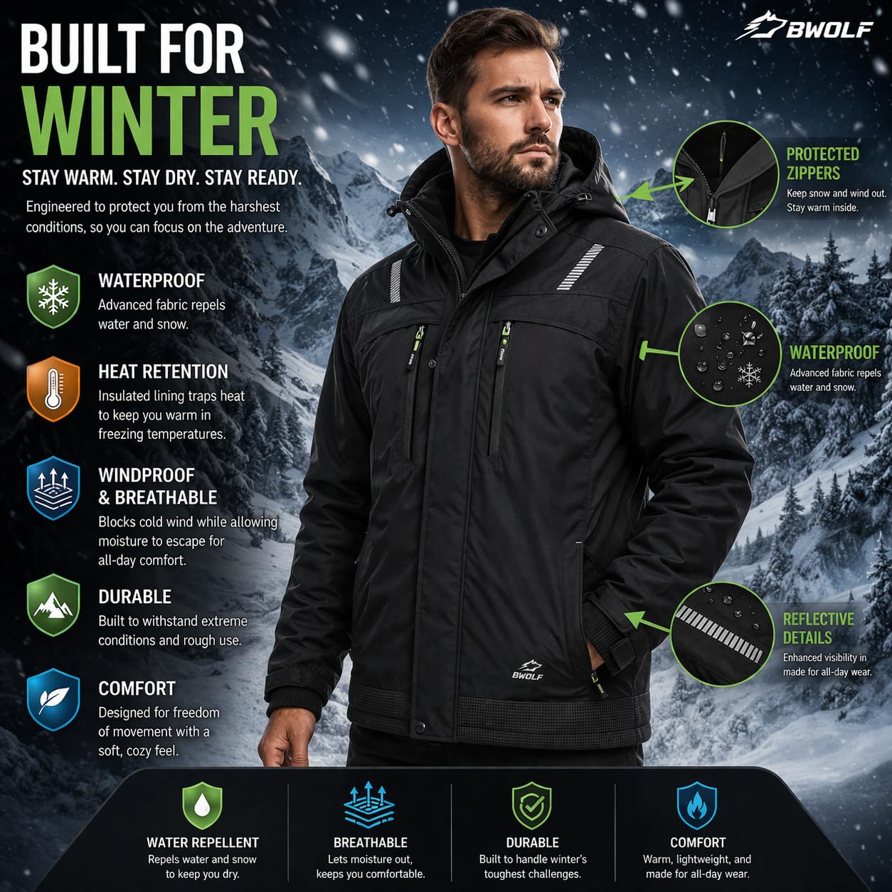 BWOLF OLYMPIA Outdoor Jacken für Männer Arbeitsjacke Herren Winter Herren Winter Wasserdichte Winddichte Winterjacke Arbeitsjacke Warme mit Kapuze