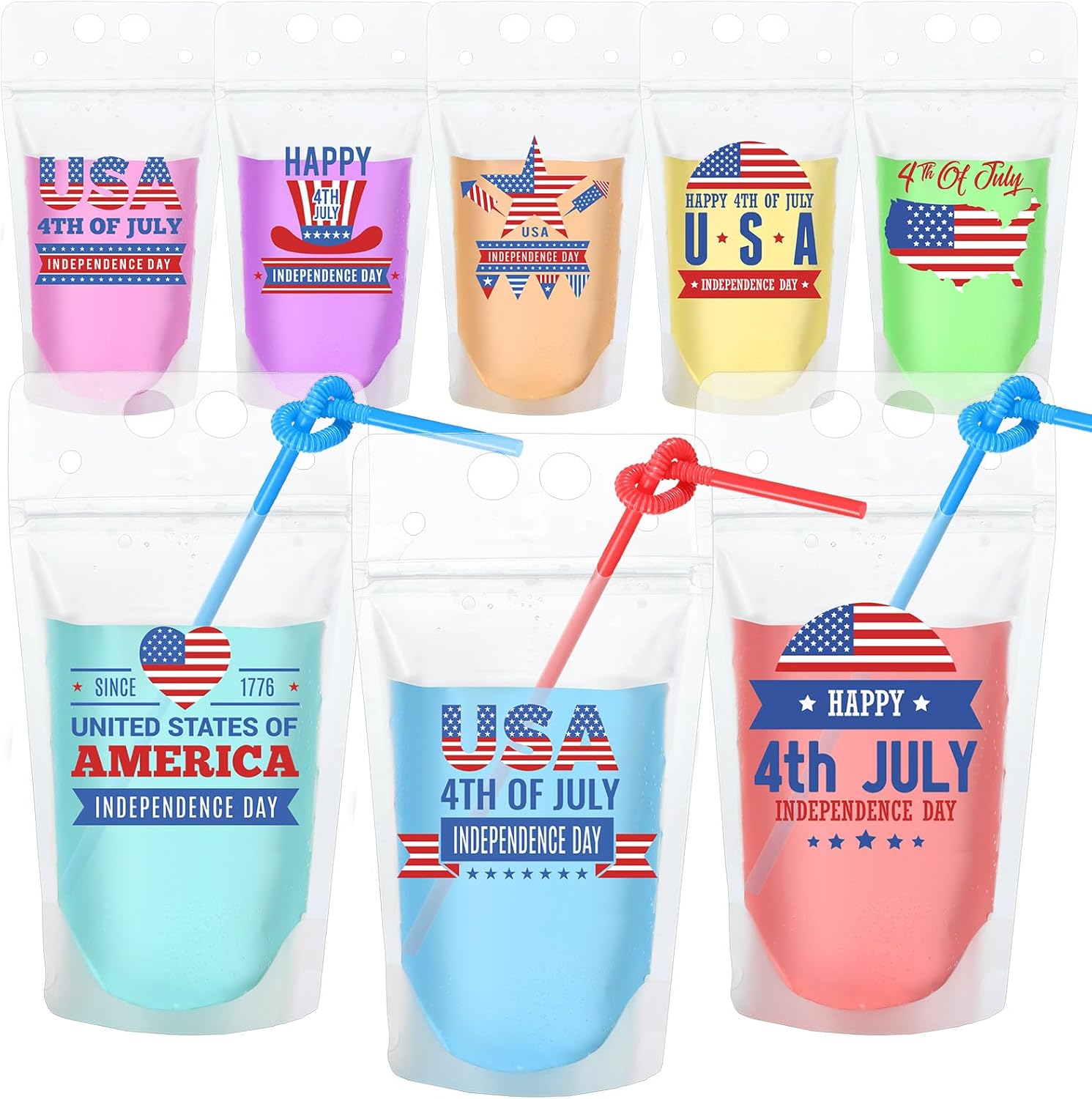 Bulyoou 48 Pcs 4th of July Drink Pouches with Straws 17 oz Drink Bags with Zipper