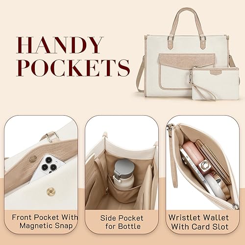 Miniatura 4 de Missnine Bolsa de lona para laptop para mujer, 15.6 pulgadas, bolsas de trabajo casuales con bolso de mano, bolsa de hombro para computadora, juego