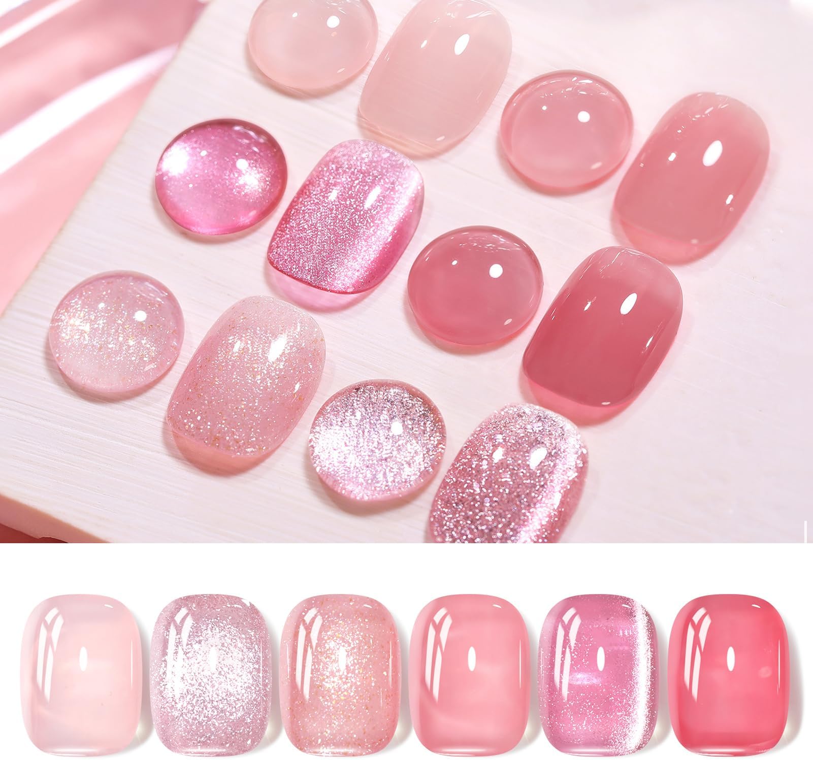Gel Nail Polish Pink Nude Series,Jelly Transparent,Cat Magnetic Eye,Shimmer Glitter Holographic Pink Nude Gel Polish Kit for Salon Manicure and Nail Art DIY at Home 6Colors