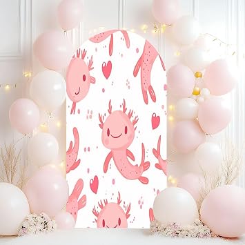 Wedding Arch Backdrop Cover 6.6FT Kawaii Axolotl Seamless Pattern Baby Amphibian Cute Animal Drawn Spandex Fitted Arch Cover Round Top Stands Cover for Birthday Party Ceremony Banquet Decoration