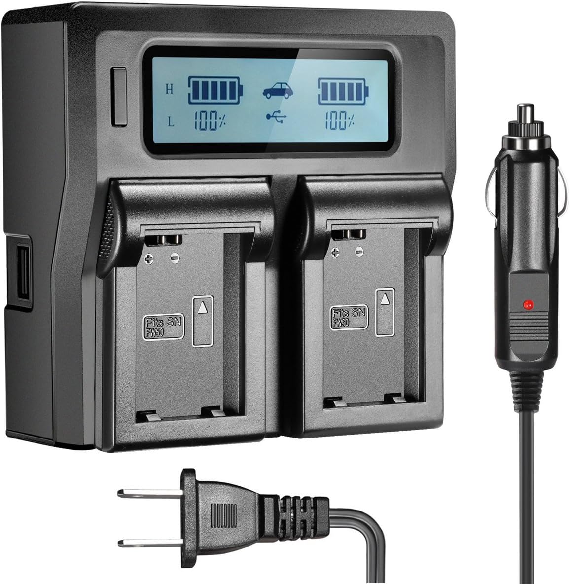 SR SUN ROOM NP-FW50 Dual Rapid Battery Charger for Sony 7II 6000 7RII 6300 5100 7s 7 7R 7sII Camera, 8.4V Output, LCD Display, USB Output for Smartphones
