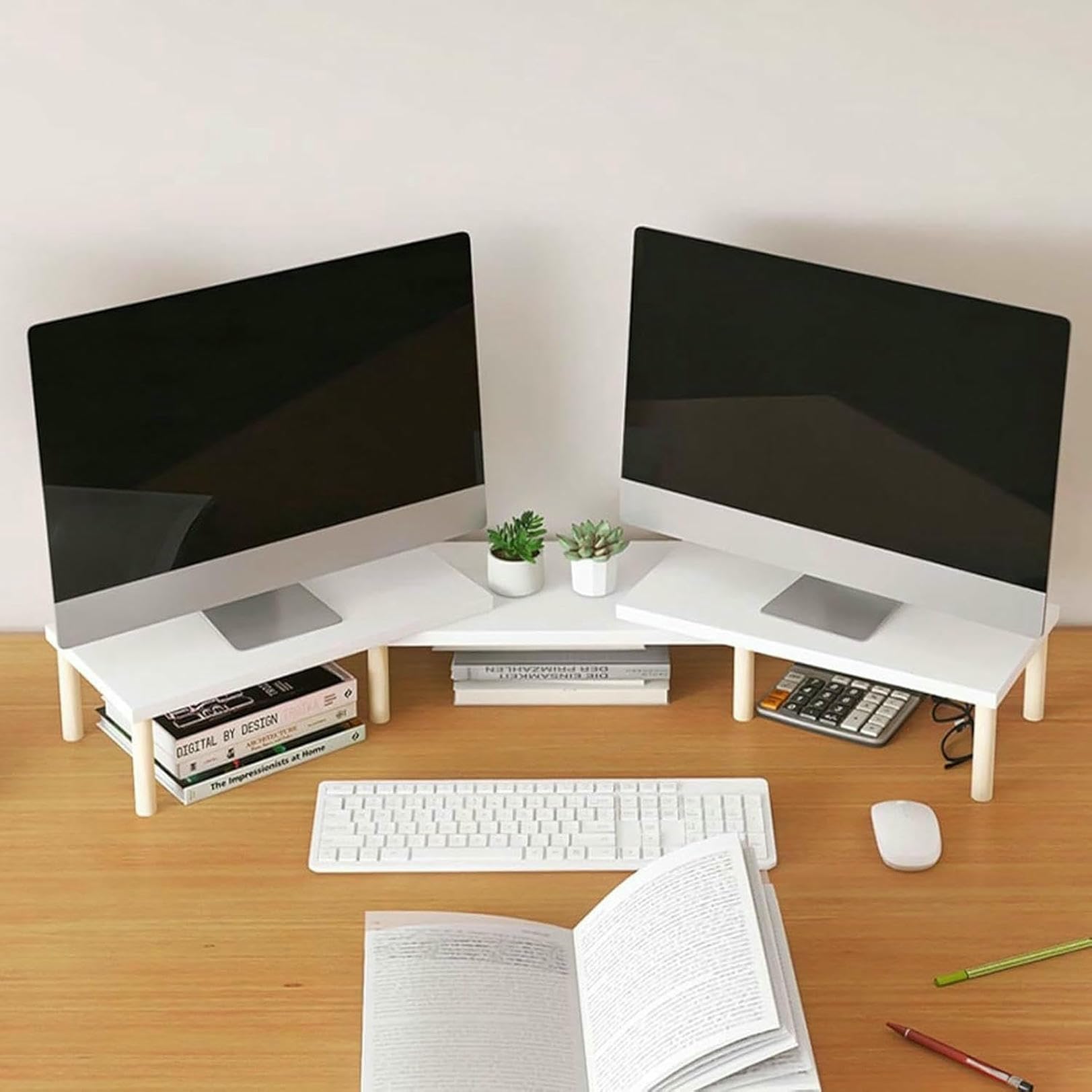 Support écran double étagère d'angle en bois pour télétravail net