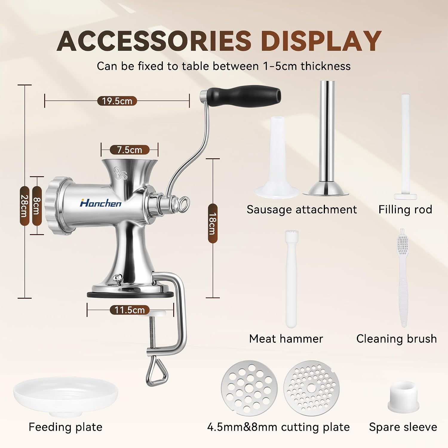 Hanchen Manual Meat Grinder Stainless Steel Sausage Maker Manual Meat Mincer Machine with 4.5/8mm Plates, Suction Cup Household Sausage Stuffing Machine