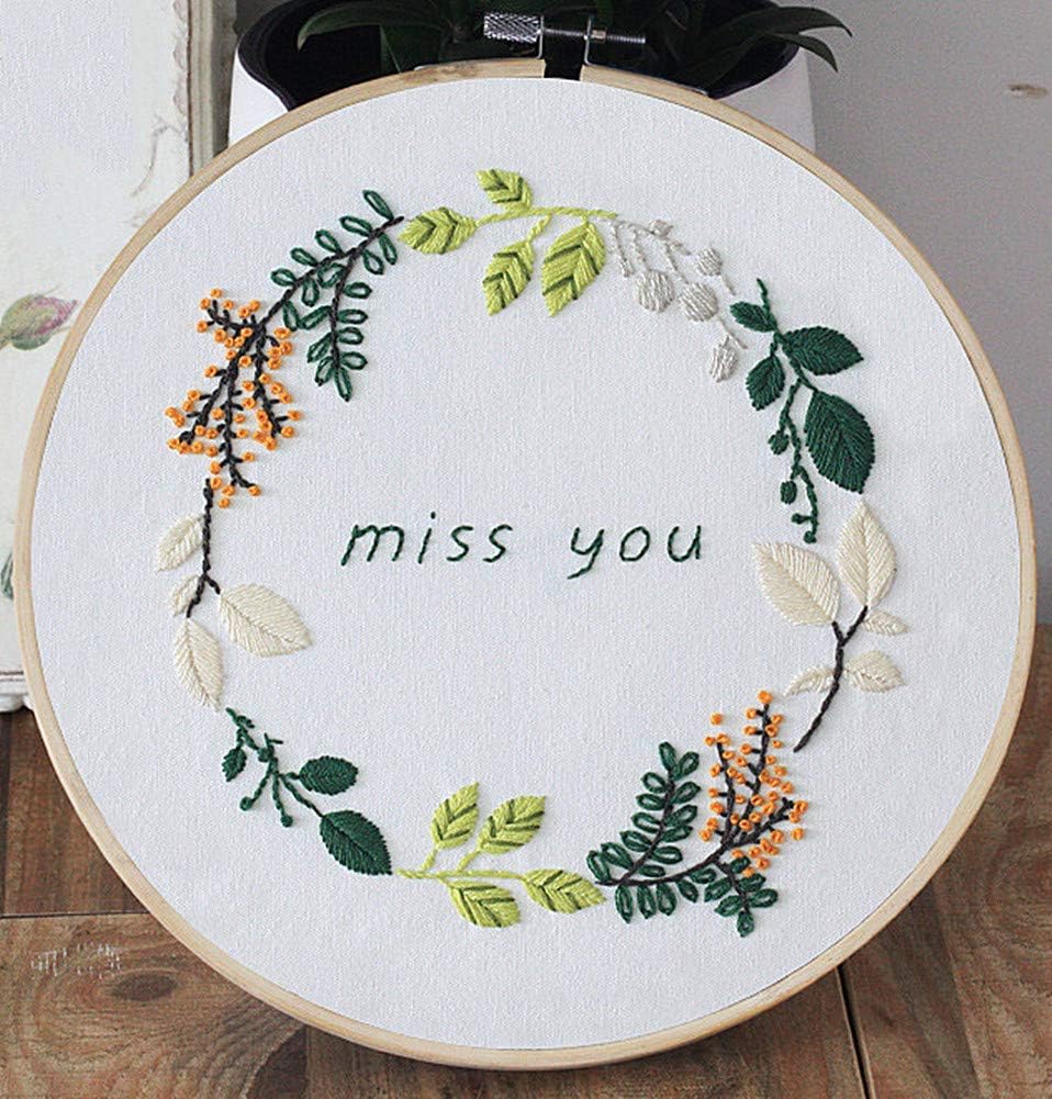 Awesocrafts Embroidery Kit, Squirrel Miss You Quote Leaves Wreath Full Range of Embroidery Starter Kits for Beginners Adults Kids DIY Handmade Easy Patterns (Miss)