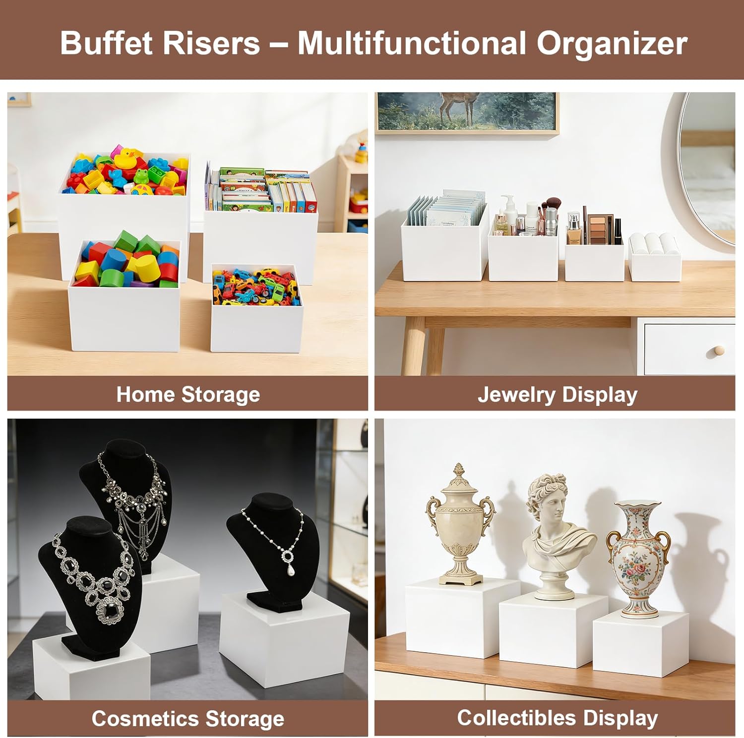 KOLIPI 6Pcs Buffet Risers, Food Risers for Buffet Table, Acrylic Boxes for Display Cube Riser Display Stand for Party Catering Dessert Collectibles, White Set (Size 8", 7", 6", 5", 4", 3")