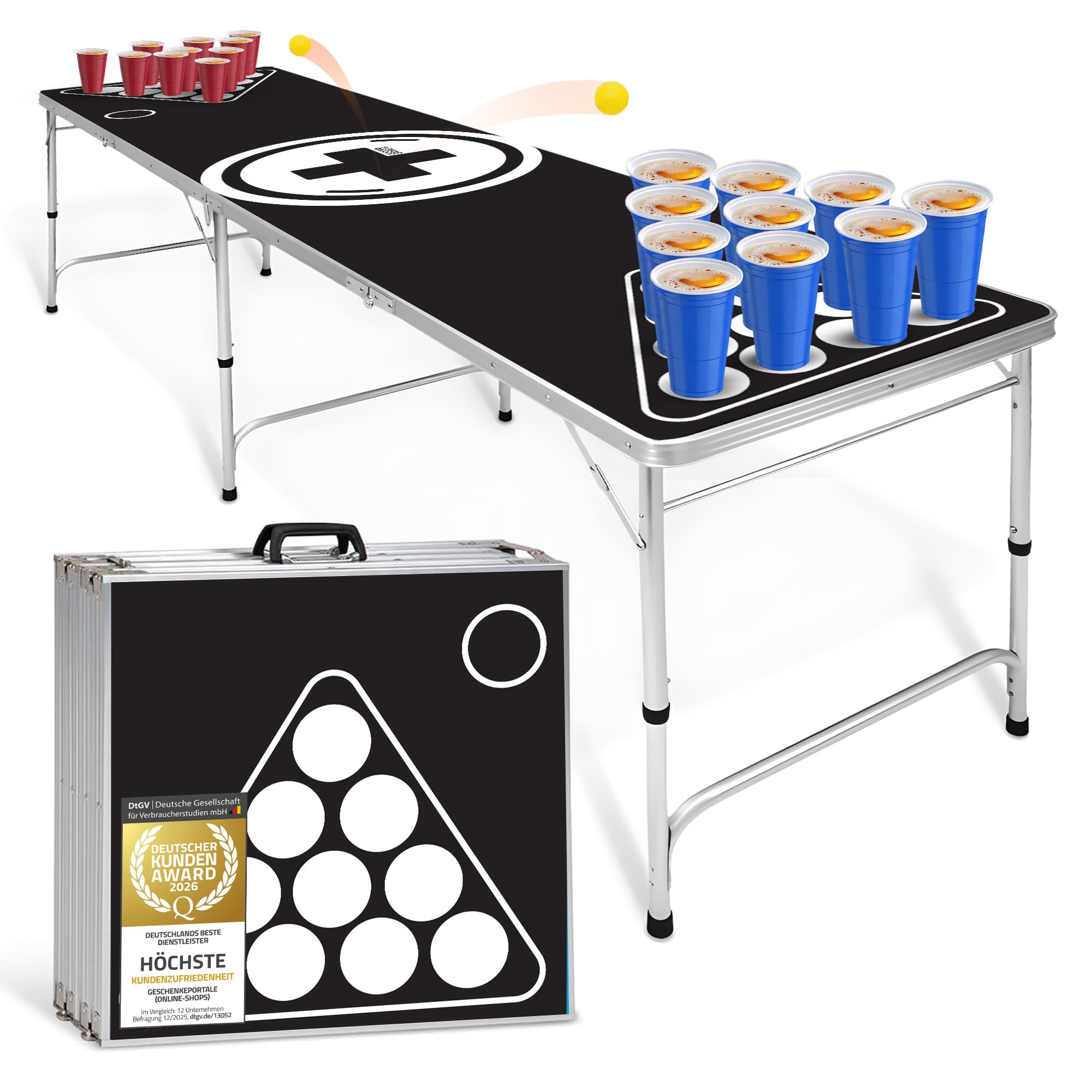 Foldable Beer Pong Table Set – incl. 100 red cups & 6 table tennis balls – Beer Pong Table Height-adjustable & scratch-resistant – Perfect for any party (Black-White)