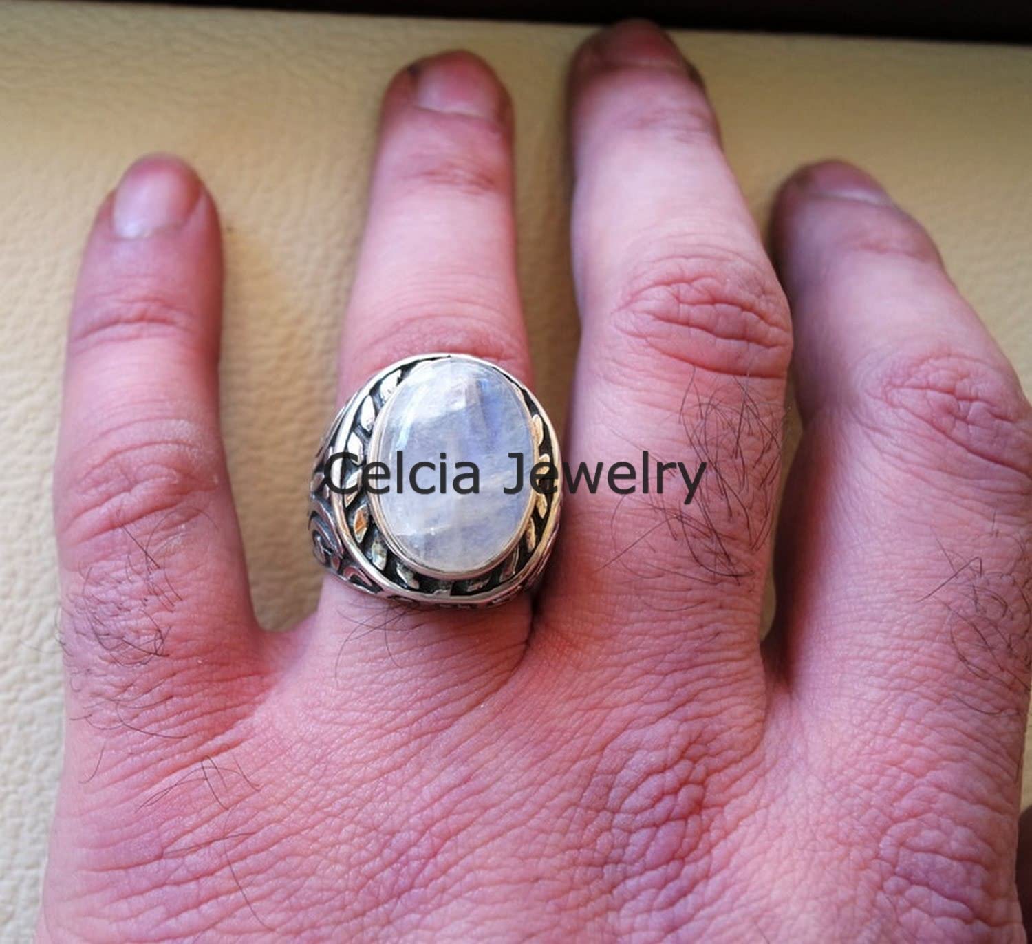 Anillo de regalo para hombre de piedra preciosa natural de piedra lunar, anillo de declaración de sello, regalos únicos para él, regalos del día del padre, anillo oxidado de plata