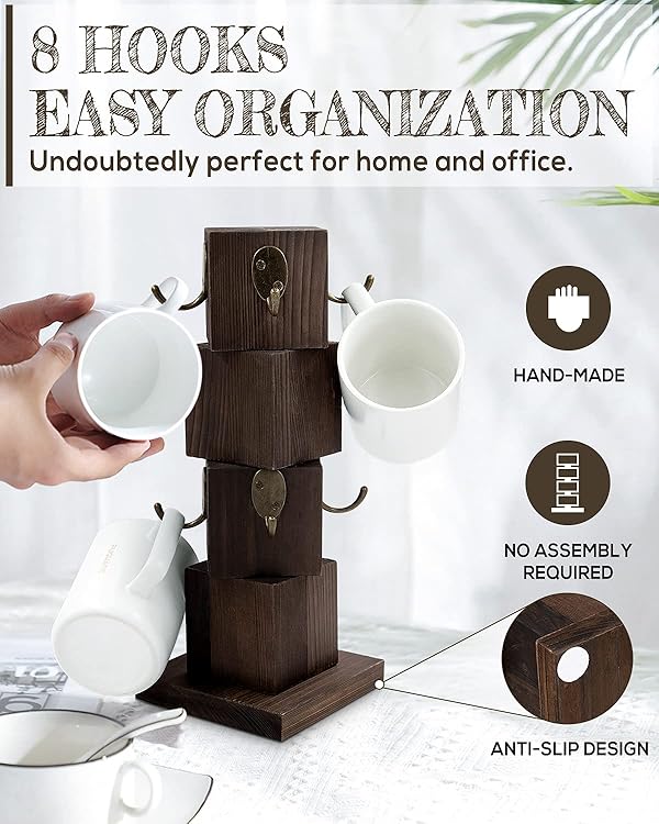 PUERSI Coffee Mug Holder for Counter, Rustic Solid Wood Mug Tree, Farmhouse Wooden Coffee Cup Rack with 8 Hooks (Rustic Brown) by PUERSI - Image 4