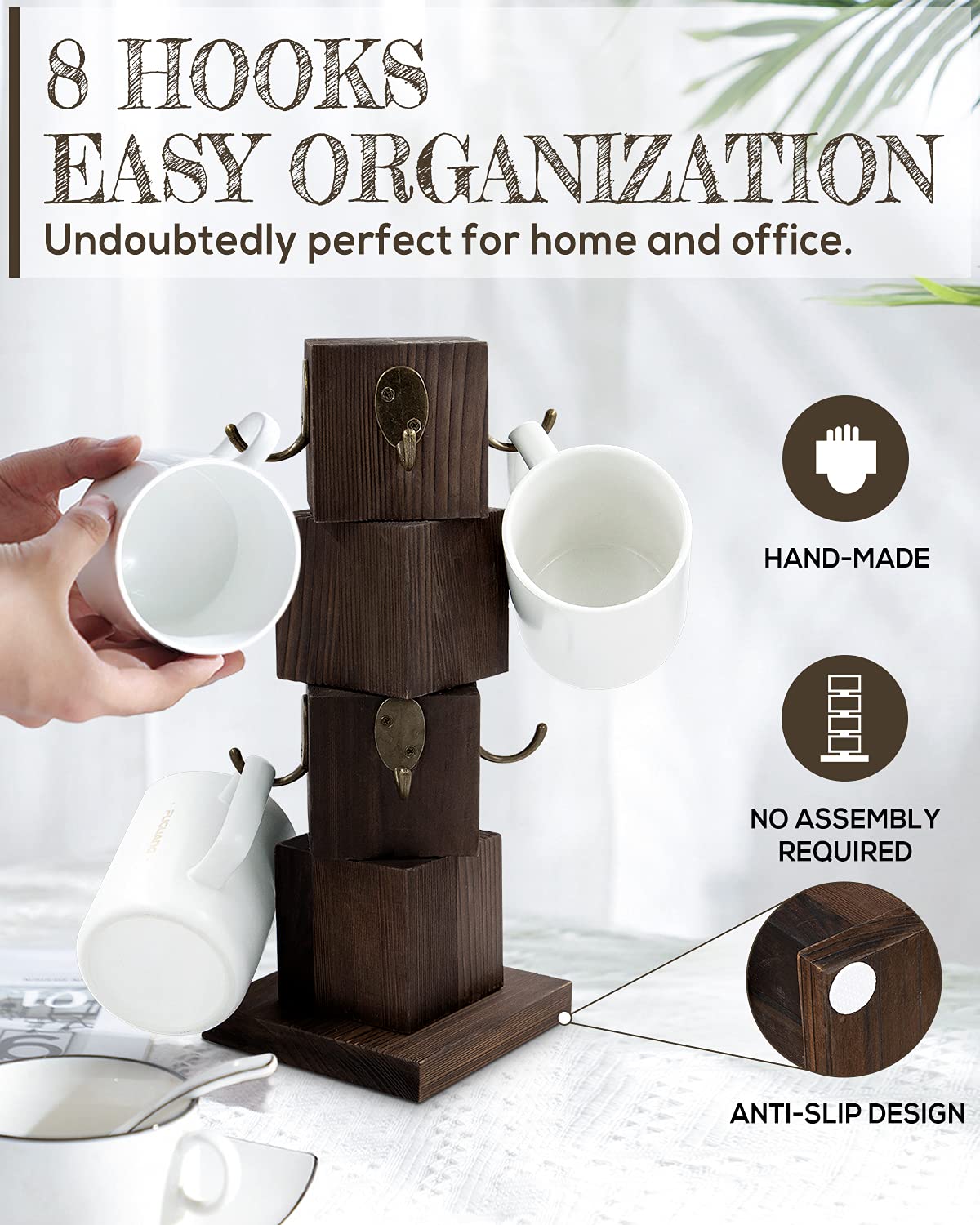 Timber Mug Rack PUERSI Coffee Mug Holder for Counter, Rustic Solid Wood Mug Tree ...