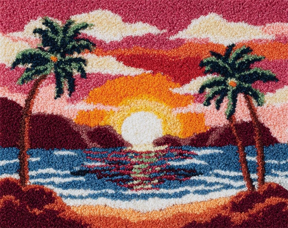 Kitquiver Latch Hook Kits for Adults Rug Sunset Beach Scene Crafts Crochet Yarn with Pre-Printed DIY Handmade Embroidery Needlework for Home Decoration 15X20In