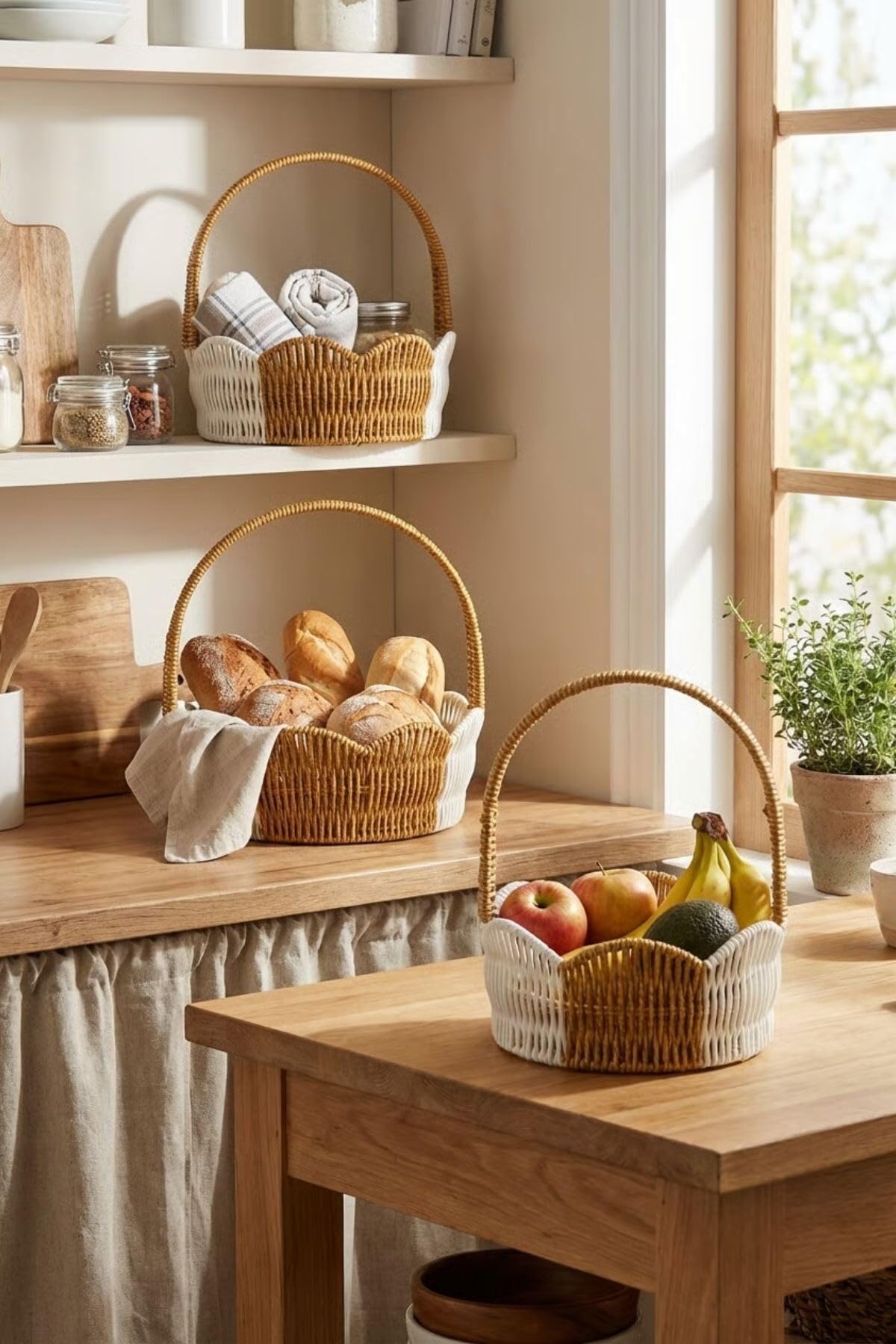 BUFFER İç İçe Geçebilen 3'lü Çift Renkli Yuvarlak Dalgalı Formlu Saplı Plastik Rattan Sepet Seti, Hasır Görünümlü Çok Amaçlı Organizerler, 18x7cm, 21x8cm, 24x9cm