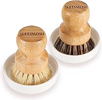 Vista 8 de Juego de cepillos de bambú con plato de cerámica, cepillo de palma de cerdas naturales para fregar ollas de hierro fundido, verduras y limpieza