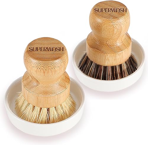 Miniatura 8 de SUPERWASH PLUS Cepillo de bambú para platos con plato de cerámica, cerdas naturales, cepillo de palma para ollas, sartenes de hierro fundido,