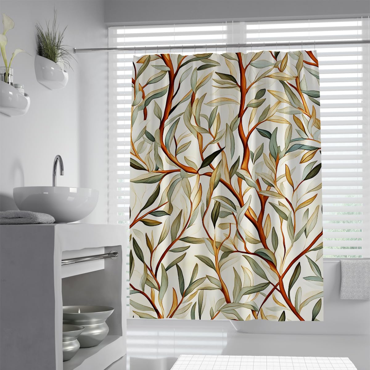 OLLIAR Home Boho Leaf Shower Curtain 90x180 Modern Colorful Botanical Leaves Fabric Shower Curtain Set with Hooks Beige Bathroom Accessories Decor Cloth Curtain