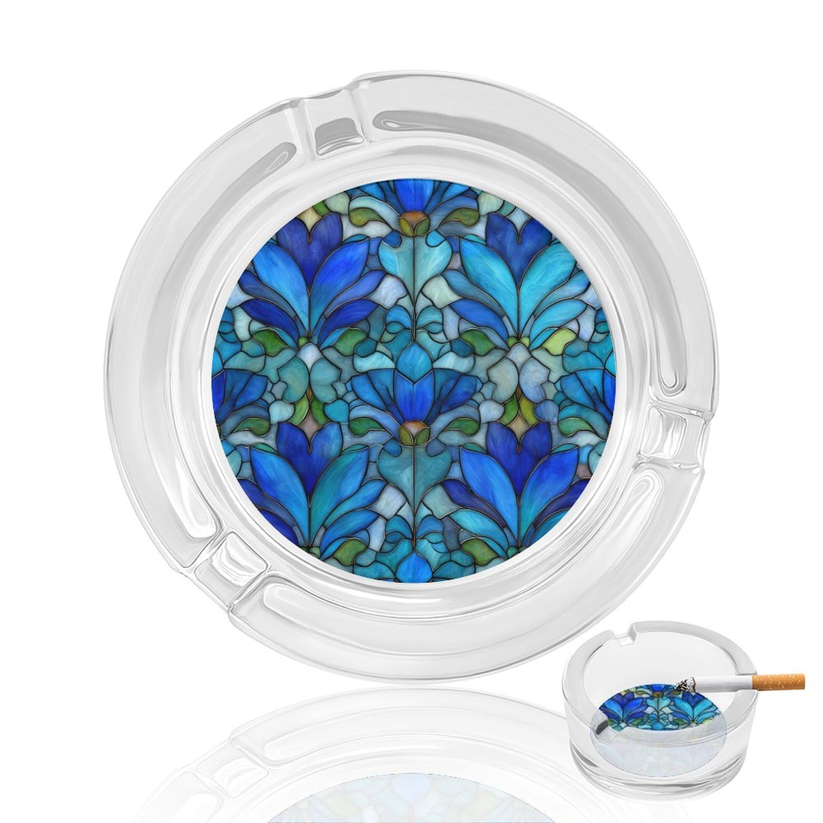 Blue Stained Glass Floral Plants Pattern Glass Ashtray for Cigarettes Portable Decorative Ash Trays for Home Office Decor