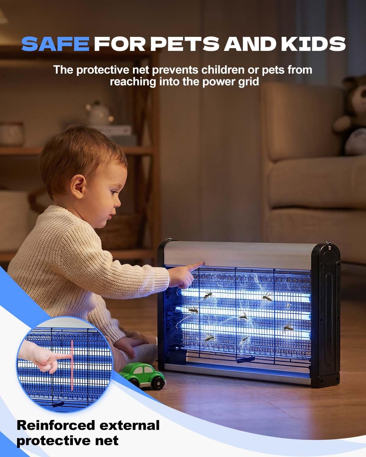Zapper elettrico per interni da 30 W, lampada antizanzare UV con 3 tubi UVA e design a doppia griglia, facile da pulire per casa, cucina, giardino, cortile