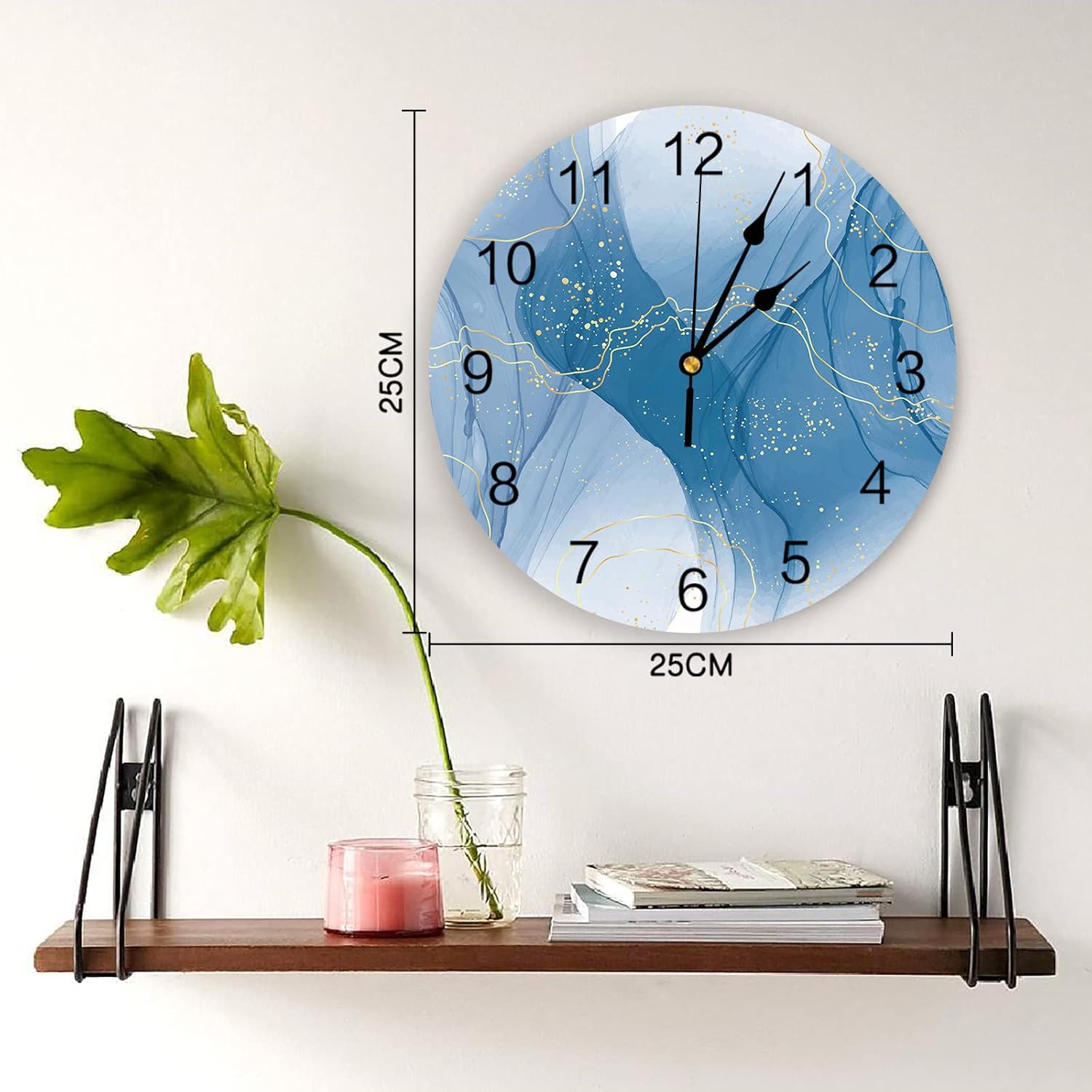 Wall Clock Blue Marble Battery Operated Clocks PVC Silent Non-Ticking Wallclock 12 Inch Abstract Modern Gold Powder Round Wall Clocks for Living Room Bedroom Kitchen Office School Bathroom Home Decor