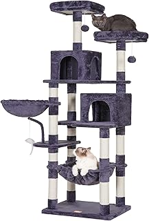 scratching Posts Hammock, Pet Cat Climbing Stand with Toy House Large Perch Ball Activity Centre Scratching Posts Cozy Basket Padded Plush Perch Cat Climbing Stand Sisal-Covered Stable Cave Sisal Poles Smoky Gray HCT032G