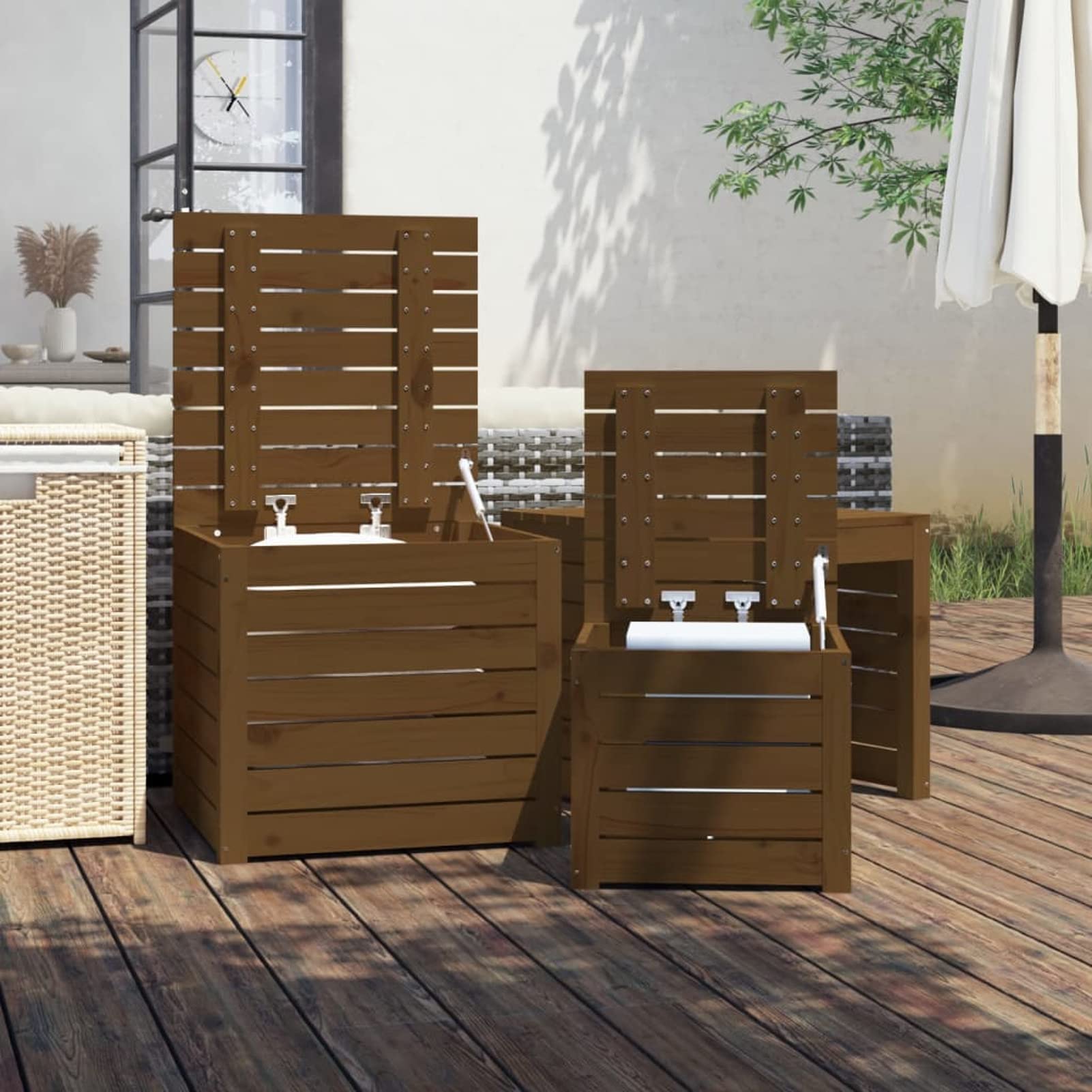 Gecheer Set di scatole da giardino, 3 pezzi, marrone , legno di pino massiccio, contenitore di immagazzinaggio esterno, organizer per attrezzi, cassapanca per balcone, piscina e terrazza