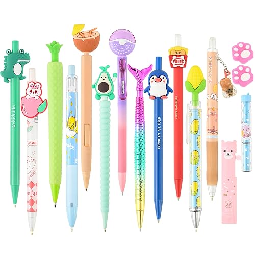 Jollin 12PCS Cute Kawaii Mechanical Pencils Set with Lead Refills and Erasers, 0.5mm & 0.7mm Point, Bulk Mechanical Pencils for Kids Girls