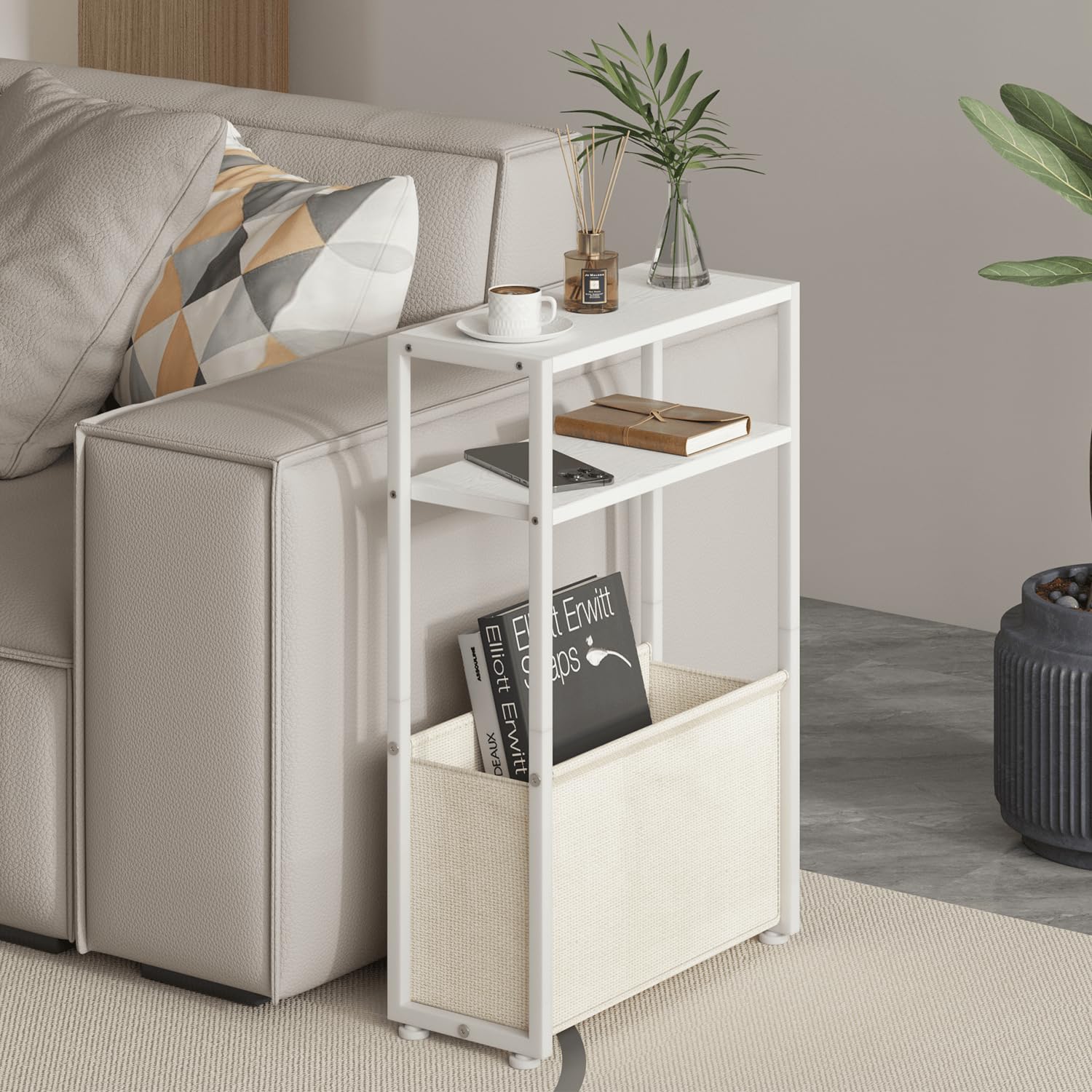 JERX Narrow Side Table with Fabric Basket, End Table for Small Spaces, Slim Side Table with Magazine Rack for Living Room Office Bedroom and Bathroom