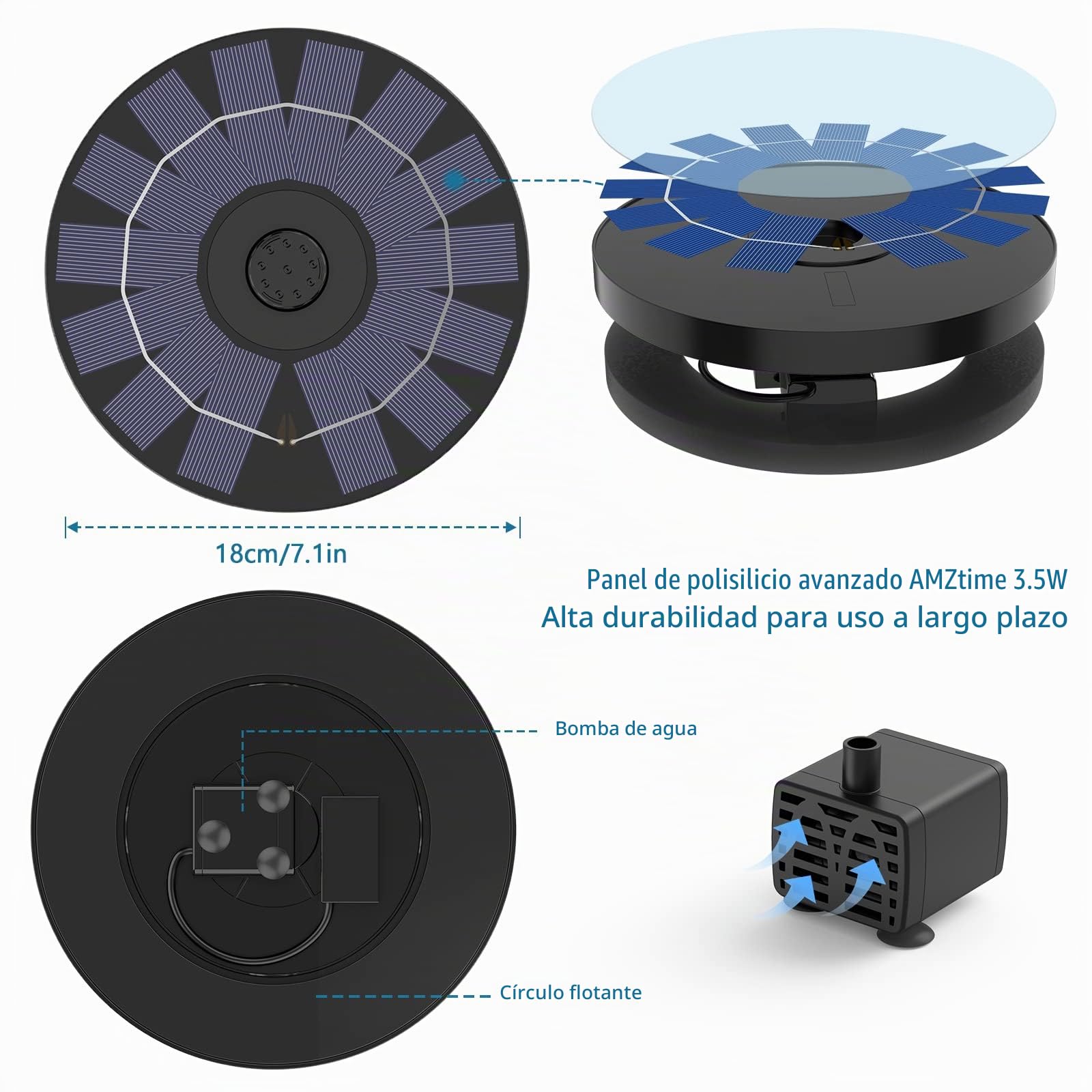 AMZtime Fuente Solar - 3.5W Bomba Solar para Estanque Fuentes Solares para Jardin con Boquilla de Doble Capa para Baño de pájaros, Pecera, Estanque Decoración de Jardín