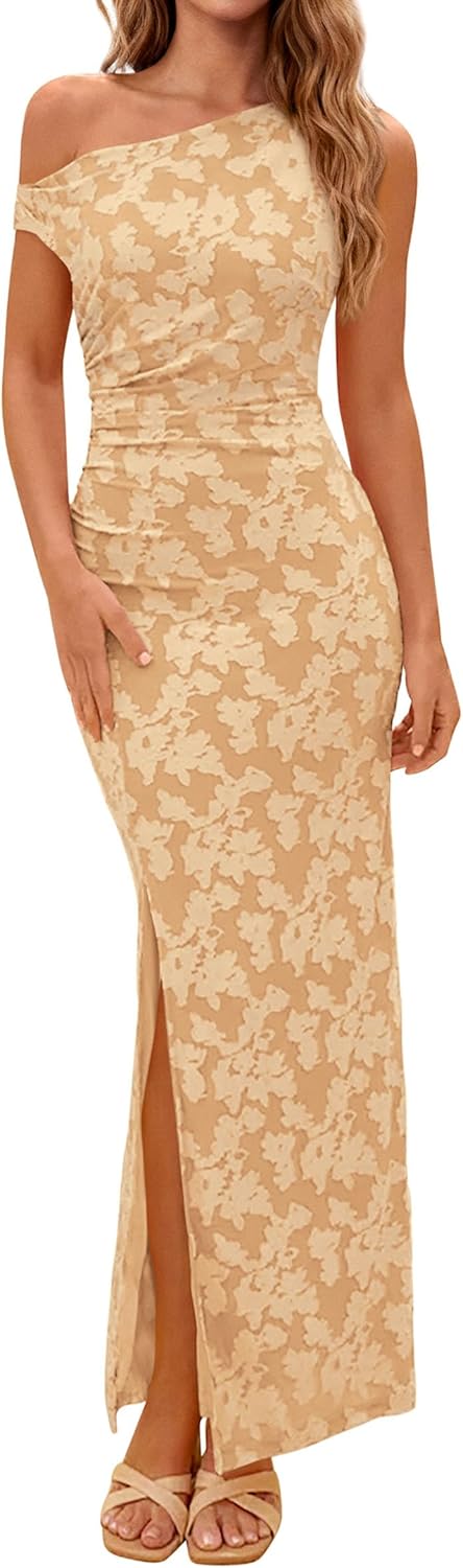 PRETTYGARDEN Womens Floral One Shoulder Maxi Dress 2026 Summer Spring Bodycon Ruched Side Slit Elegant Cocktail Party Dresses