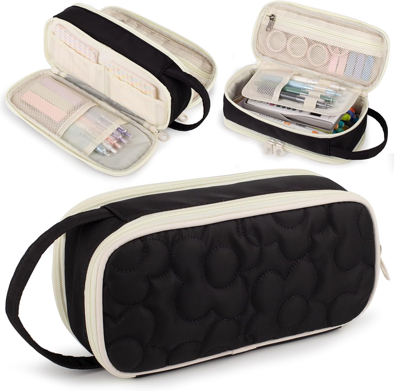 Bunnychill Pencil Case For Girls,Flower Quilted Large Capacity Pencil Pouch With 2 Compartment, Zipper Pencil Bag With Handle, Women Soft Pencil Box For Middle School Office College