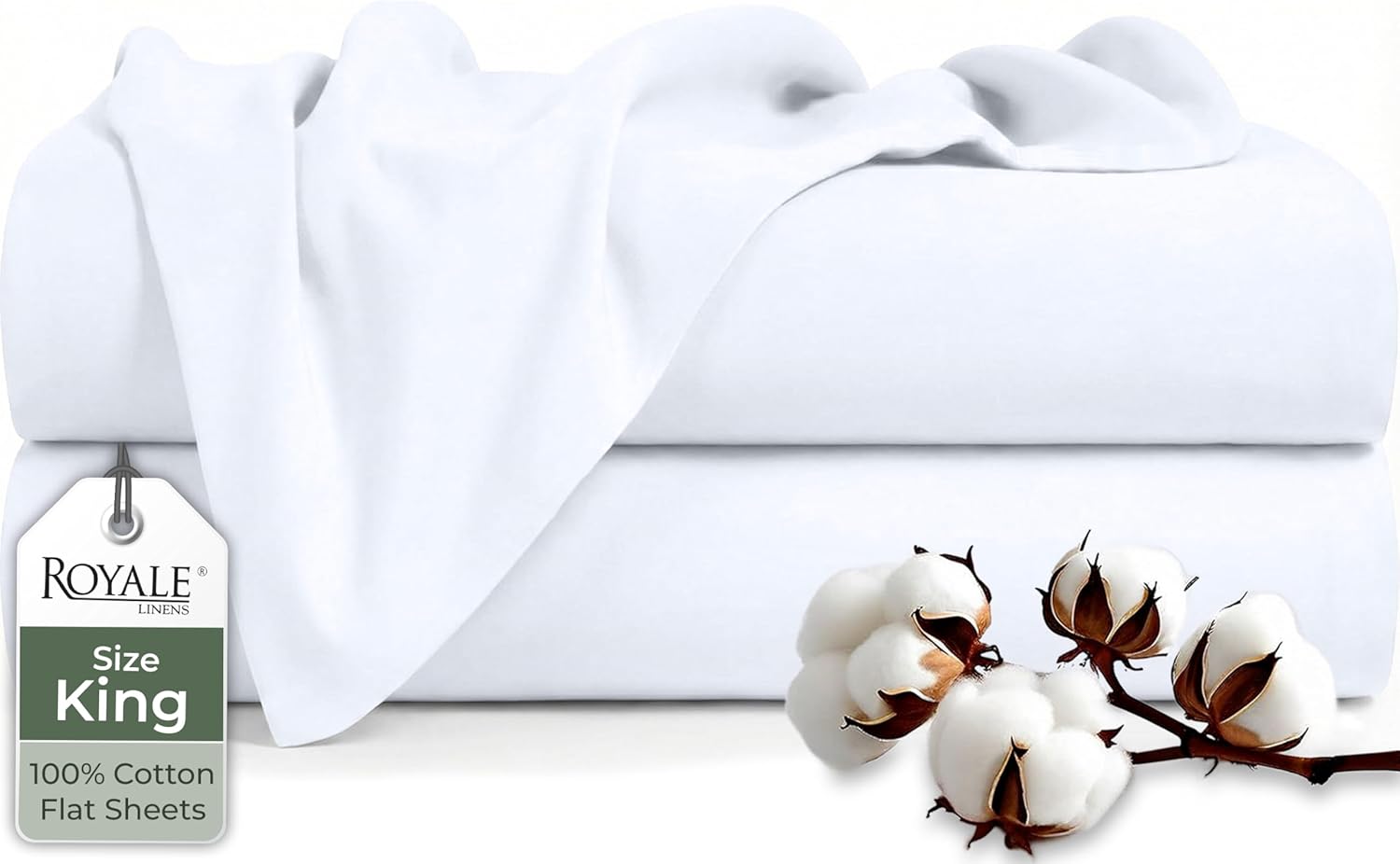 Royale Linens 100% Organic Cotton King 2 Pack Flat Sheet Only - Super Soft - Percale Top Sheets - King Flat Sheet Sold Separately - Breathable, Cool & Crisp White Sheets Only (105" x 102", White)