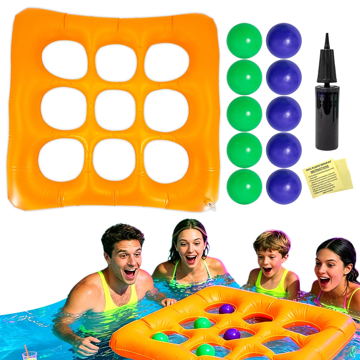 AUOQZ Inflatable Pool Toss Games for Adults Giant Floating Pool Tic Tac Toe Party Game Set with 12Pcs Balls 2 Players Cool Summer Parties Supplies for Holiday Beach Lake Party (65x65cm)