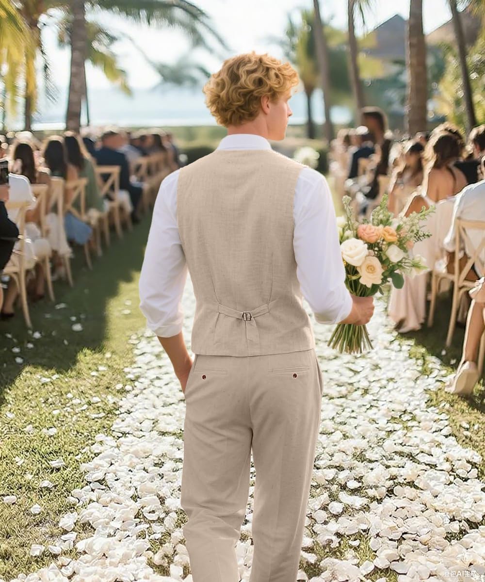 WOMS Mens Linen Suit 2 Piece Casual Summer Suits for Men Groomsmen Beach Wedding Party Vest Pants Suit