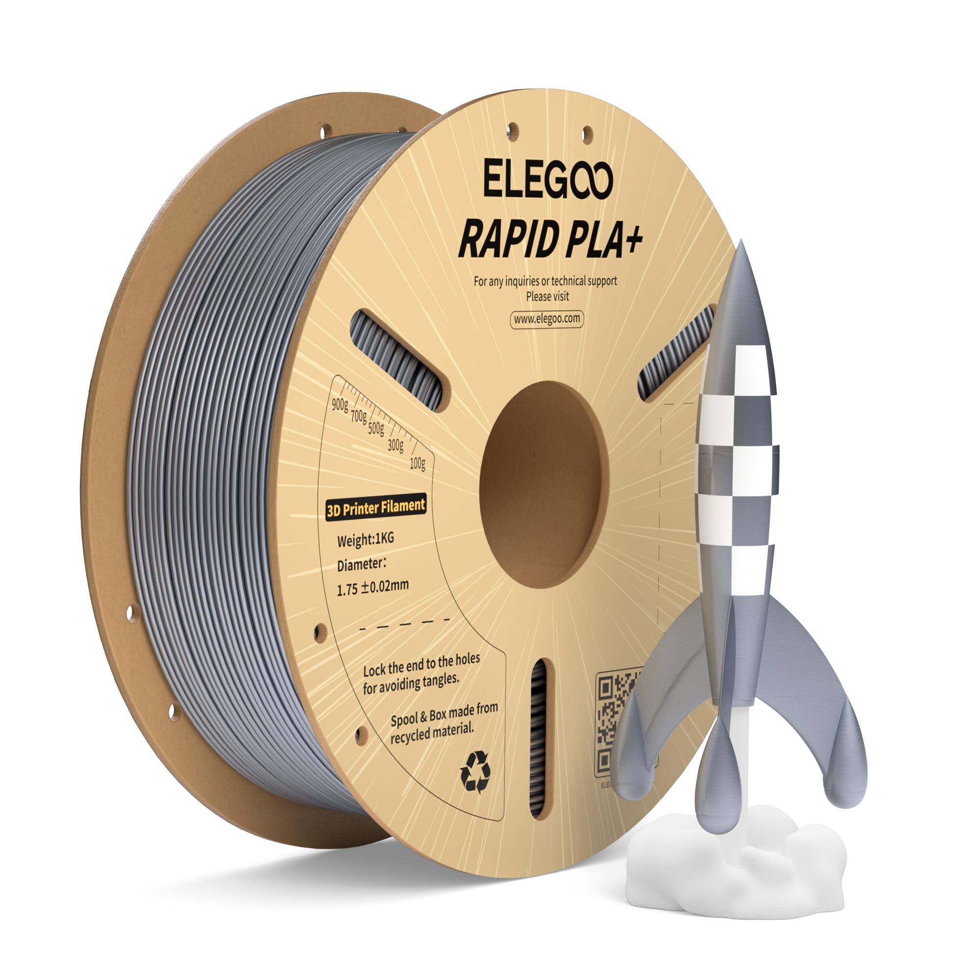 ELEGOO Rapido Filamento PLA+ 1.75mm Argento 1KG, Alta Velocità 30-600 mm/s, Filamento PLA Plus per Stampante 3D, Precisione Dimensionale +/- 0.02mm, Filamento per La Maggior Parte delle Stampanti 3D