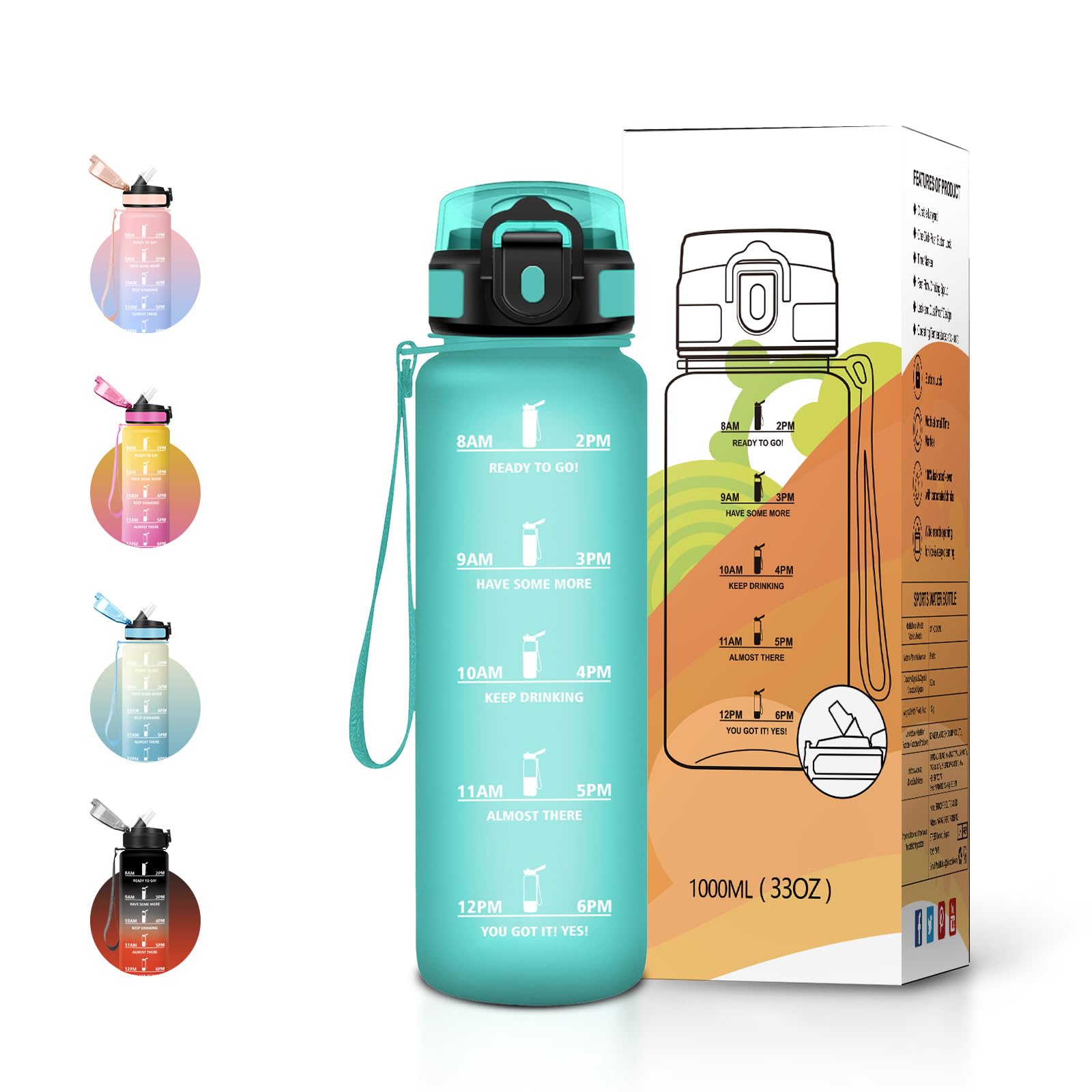 JAPORIA 1L Water Bottle with Straw and Time Markers, Reusable Water Bottle, BPA Free, Leak Proof, for Fitness, School, Office and Sports