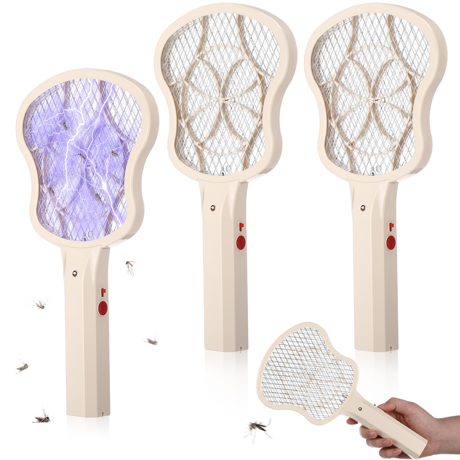 Lot de 3 tapettes à mouches électriques 3 000 V - Mini tapette à mouches portable - Zapper anti-moustiques avec 2 couches de sécurité en maille pour intérieur et extérieur - Placement de