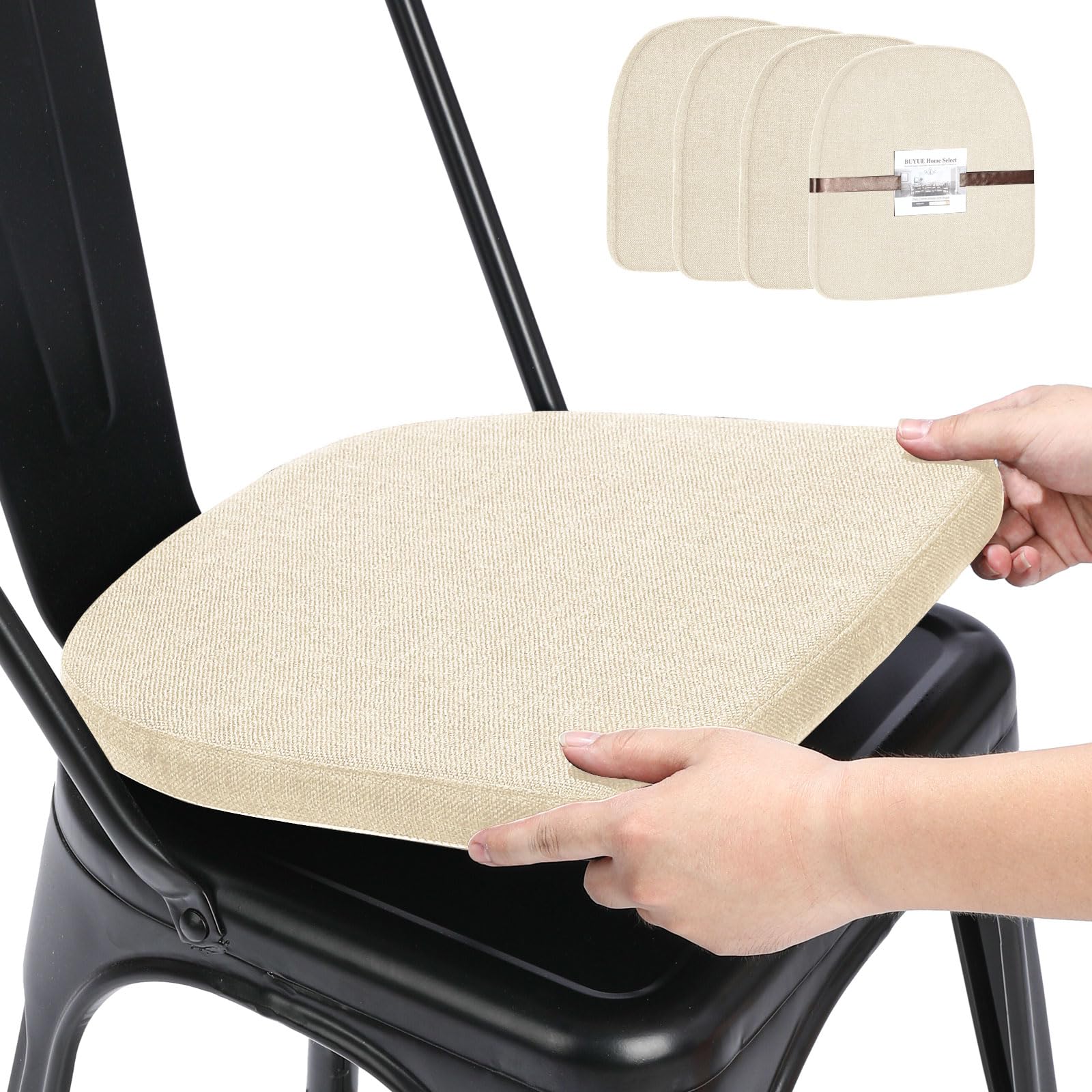 BUYUE Leinen 30x30 Kissen für Metallstuhl Satz von 4, Anti-Rutsch Sitzpolster für Esszimmer Küche Cafe stapelbar Stühle (U-Form, beige, 4 Stück)