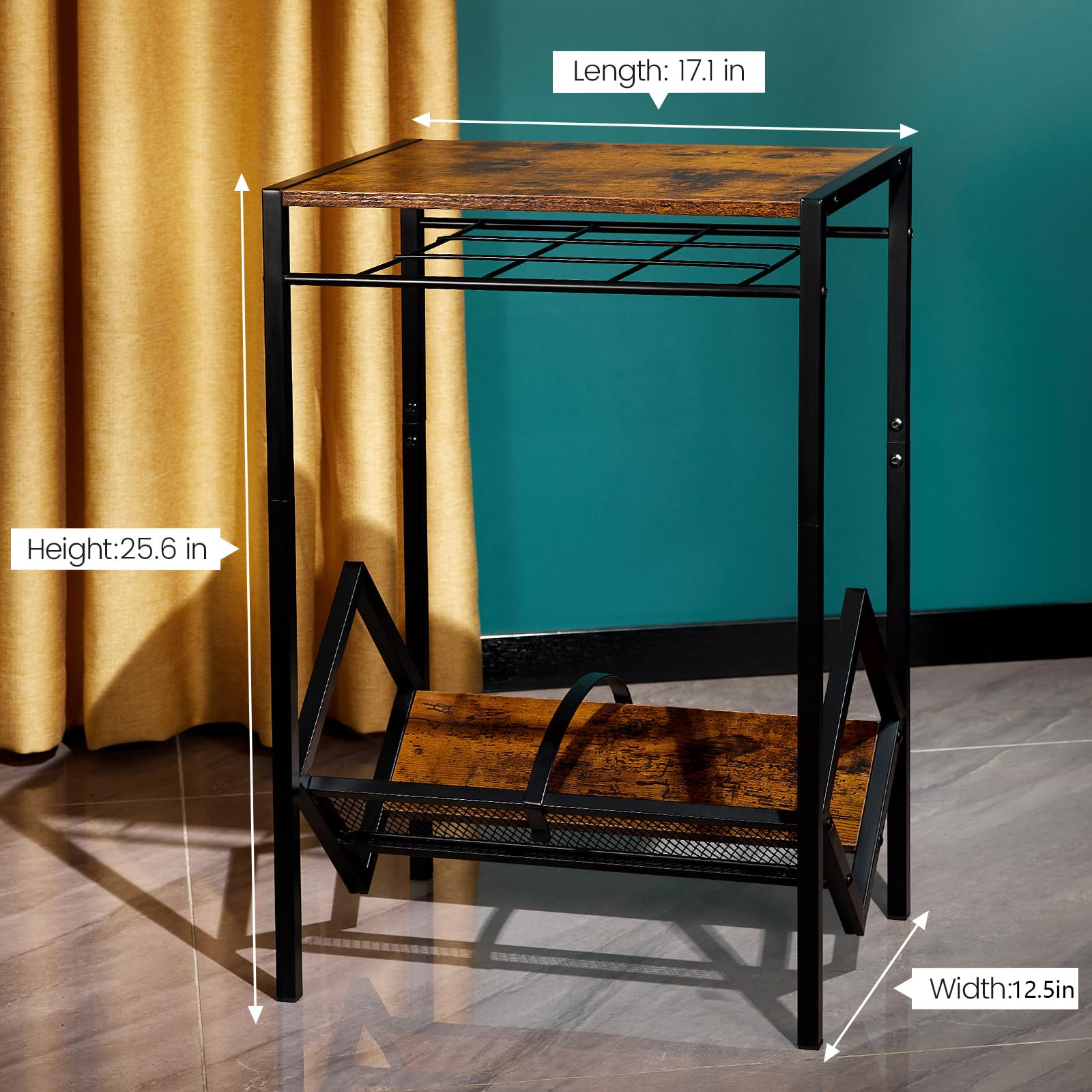 Soporte para tocadiscos de 2 niveles con almacenamiento de vinilo, soporte giratorio retro para 80 | Organizador pequeño de madera y metal con ruedas para esquina de sala de estar