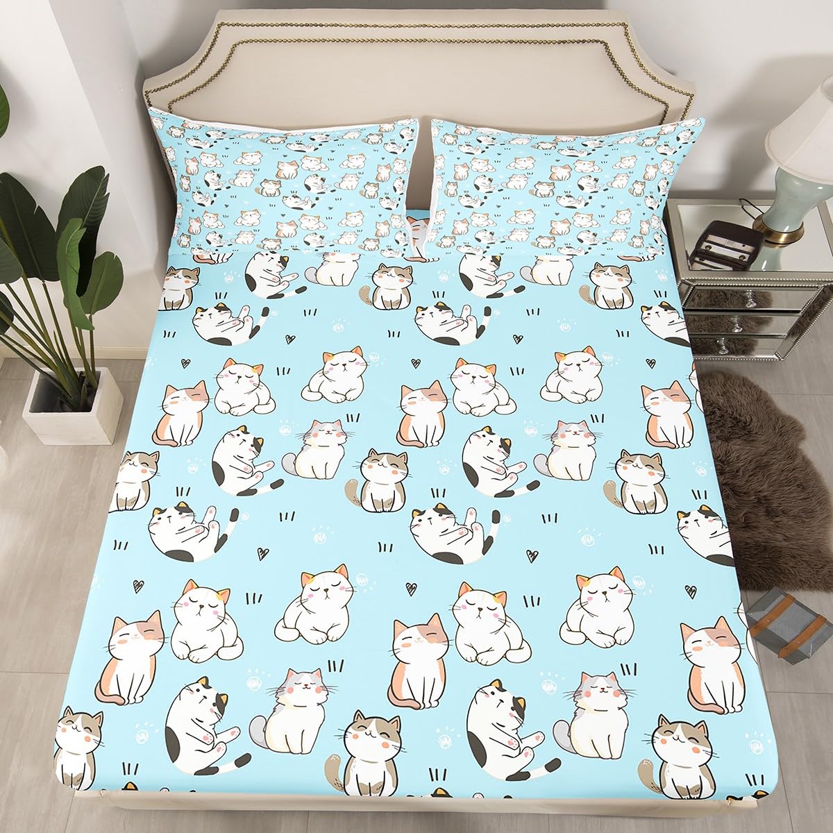 Erosebridal Cartoon Cat Bed Sheet King, Kawaii Garfield Cat Sheet Set for Cat Lovers, Kitten Paw Heart Pattern Fitted Sheet, Cartoon Animals Flat Sheet Lovely Cat Soft Microfiber Top Sheet, Blue 4Pcs