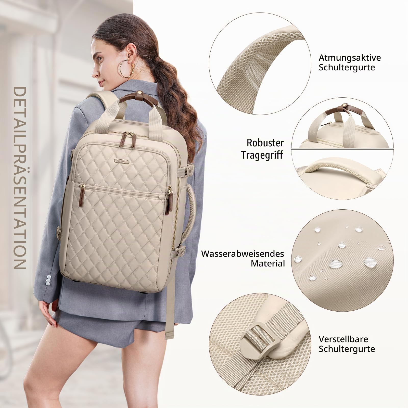 Reiserucksack Damen Rucksack Handgepäck Flugzeug 17 Zoll Laptop Rucksack Herren Wasserdicht Reisetasche Groß Travel Backpack Women Weekender Bag für Reise Arbeit,Aprikose